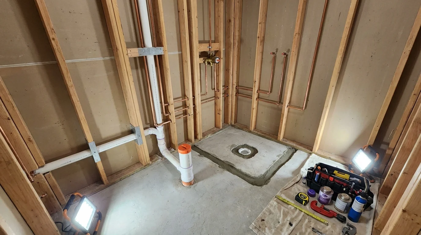Bathroom rough-in plumbing during remodel by Johns Plumbing LLC in Fairmont