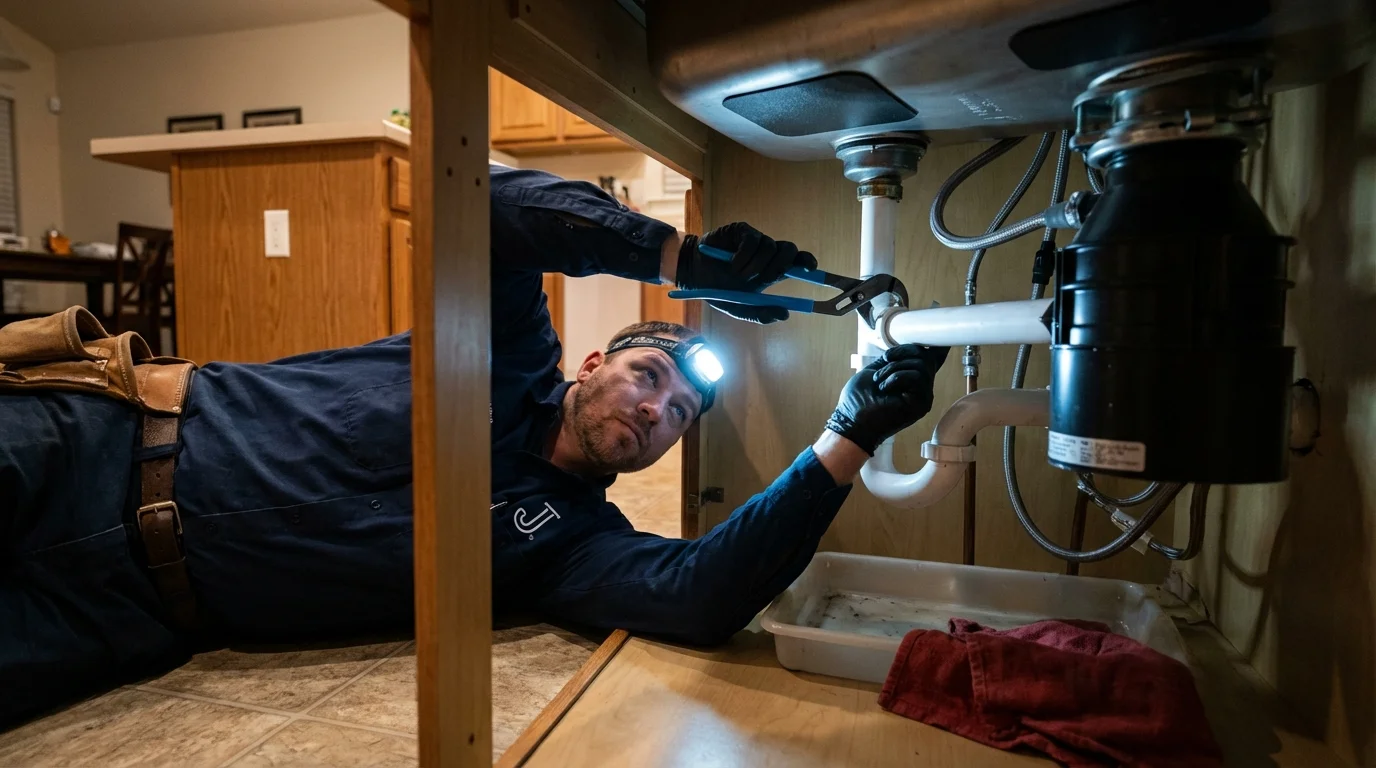 P-trap and supply line connections under a kitchen sink showing a common leak point in Fairmont, WV